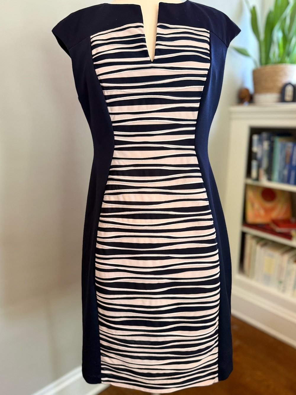 Navy and Blush Striped Sheath Dress